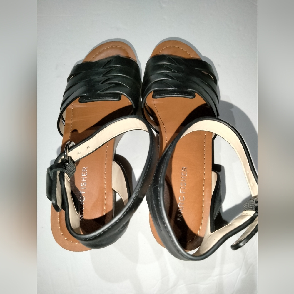 Marc Fisher (Size 8.5) Black Leather Strappy Open Toe Wedge/Platform Sandals - Picture 8 of 13